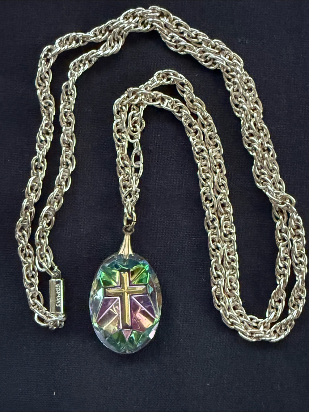 Vintage Aurora Cross Pendant in German Silver Tone Chain